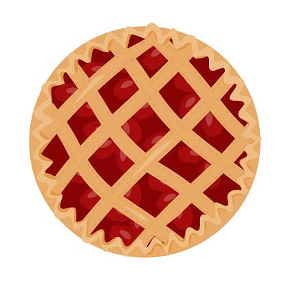 Cherry pie vector stock illustration. Homemade pastry made of dough and berries. Fruit filling. Dessert. Isolated on a white background.