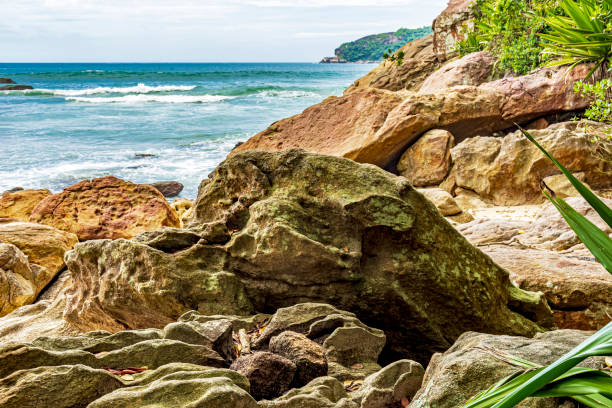 Rocky beach on the coast of Trindade in the municipality of Paraty, Rio de Janeiro, Brazil