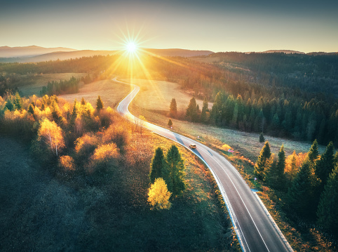 Aerial view of mountain road in autumn forest at sunset in Ukraine. Top view from drone of road in woods. Beautiful landscape with roadway in hills, yellow trees, meadows, golden sunlight in fall