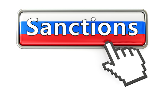 Sanctions. Push button with russian flag and click hand cursor isolated on the white background. Web design icon sets.