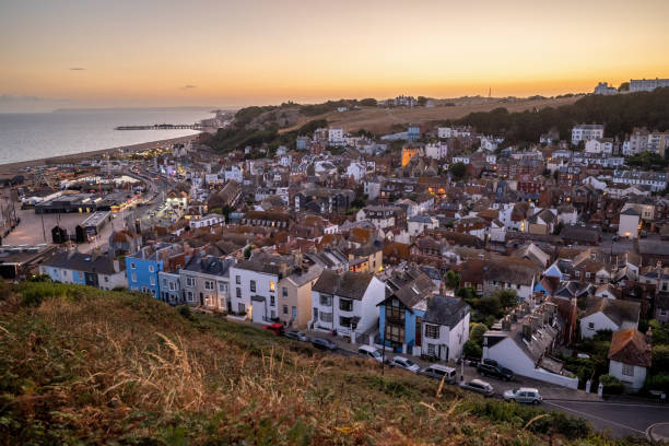Hastings old town at sunset, East Sussex, England, UK stock photo
