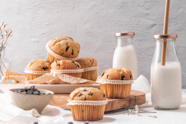 Chocolate chip muffins with milk