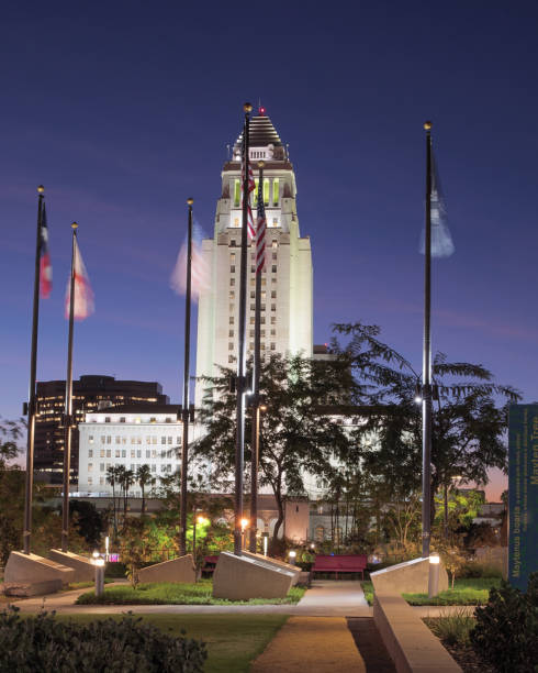 Los Angeles, California, USA: Los Angeles City Hall, looking south, shown at dawn.