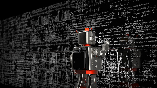 Little robot solved complex math problem. 3D illustration.