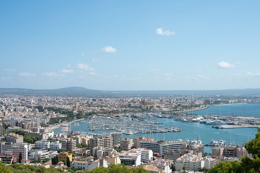A scenic landscape view of the coast and city of Palma from the Bellver castle, Mallorca island, Spain
