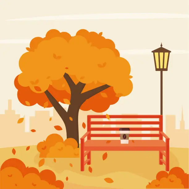 Vector illustration of Autumn city park with bench and street lamp. Vector illustration of a flat style.