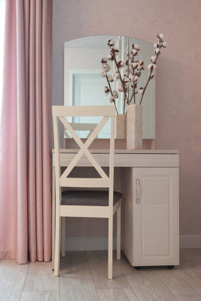 istock Dressing table with mirror in white and pink tones in the bedroom. 1418540725
