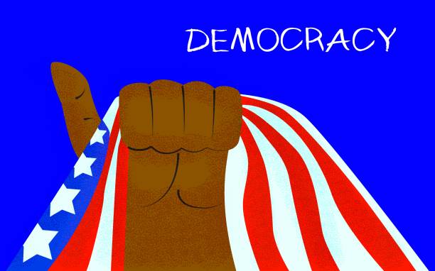 istock Black hand with the USA flag on a blue background. 1418560089