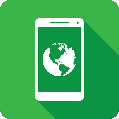 Vector illustration of a smartphone with planet Earth icon against a green background in flat style.