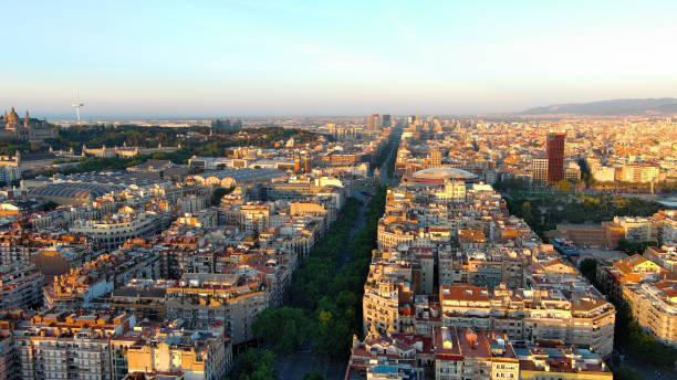 istock Barcelona skyline at sunrise, high angle view, Catalonia, Spain 1418574455