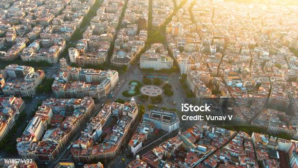 Aerial Helicopter View Of Plaça Catalunya In Barcelona Spain This Square Is Considered To Be The City Center And Some Of The Most Important Streets Meet There Stock Photo - Download Image Now