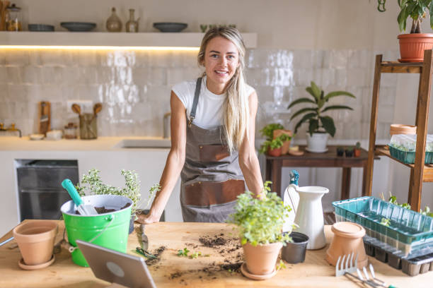 istock Woman potting plants at home 1418574549