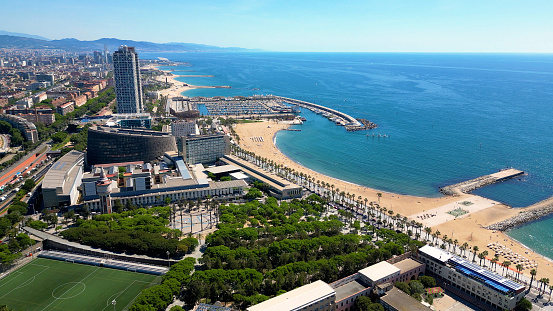 Aerial view of La Barceloneta, Spain. The Barceloneta Beach is the most distinguished and well-known beach in the city