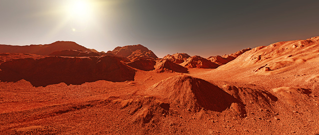 Mars planet landscape, 3d render of imaginary mars planet terrain, orange eroded desert with mountains and glaring sun, realistic science fiction mars illustration.