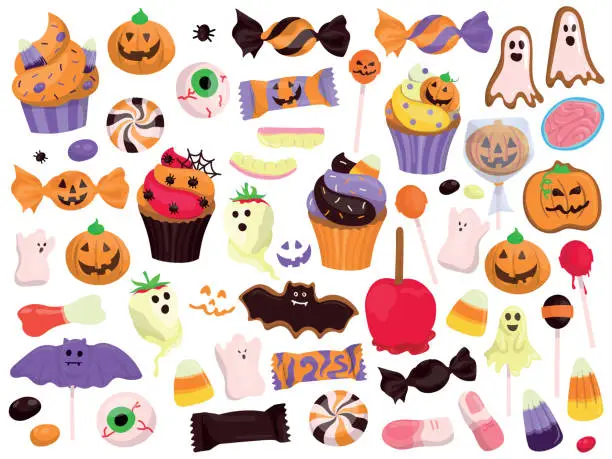Vector illustration of Halloween celebration related candies, desserts and sweets. Collection of hand drawn, vector cartoon illustrations.
