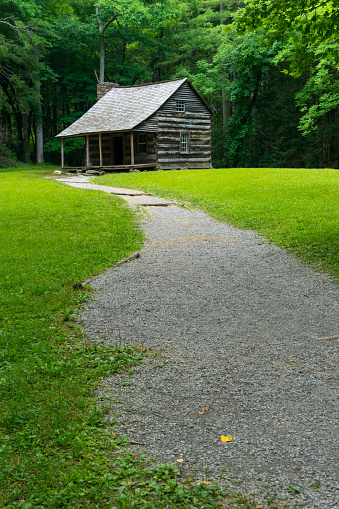 Log cabin in the woods on nice stone pathway.  Cades Cove / Great Smoky Mountains National Park.