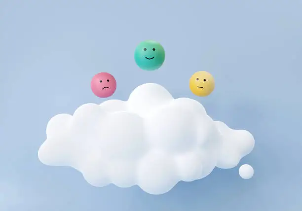 Photo of High user rating, green smiley over cloud on blue background, customer feedback concept, good, average and bad client reactions. 3D render, 3D illustration