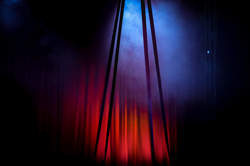 Aerial silks set up with four tails for doing multidimensional aerial tissue tricking. Taken at acrobatic competition in Las Vegas.