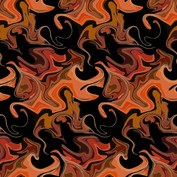 istock Abstract liquid fluid seamless pattern. Orange, brown, red curved wavy shares and swirls on black background 1418593859