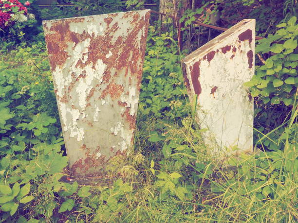 istock Cemetery with stone monuments. Old abandoned cemetery in the afternoon in summer. Grass thickets. Old granite monuments on the graves. Human graves. The theme of oblivion, calm, death and Halloween. 1418600712