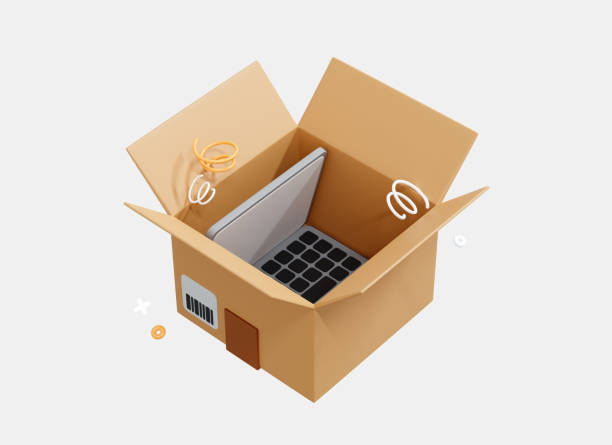 istock 3D Open cardboard box with laptop inside. Fast delivery concept at home or office. Moving concept. Unpacking parcel or order. Cartoon creative design icon isolated on white background. 3D Rendering 1418600808