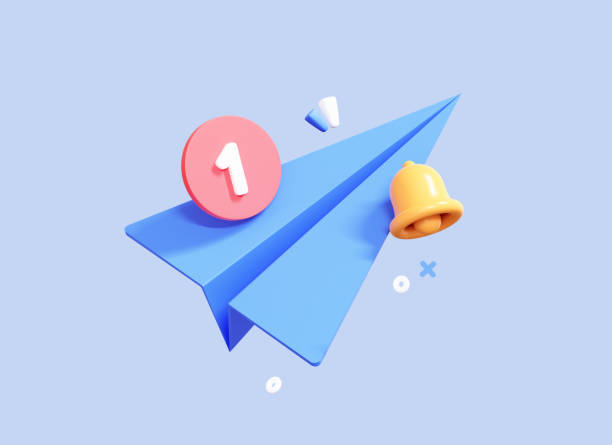 3D Paper Airplane with new message concept. Origami plane with bell and one notification. Banner template for social media promotion. Cartoon creative design isolated on blue background. 3D Rendering stock photo