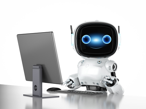 Automation office worker concept with 3d rendering cute robot work with computer