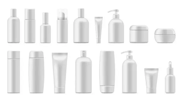 Vector illustration of Cosmetic bottles. Plastic container for cream shamoo lotion. Vector beauty care realistic tubes