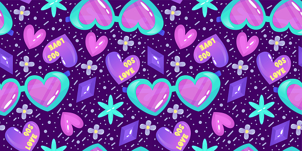 90s Seamless Pattern In Retro Style Cartoon 1990 Style Vector Illustration  Trendy Vector Design Neon Color Seamless Pattern With Strasses Heart And  Glasses Stock Illustration - Download Image Now - iStock