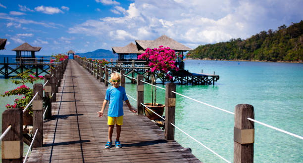 istock Kids on tropical beach. Child on resort jetty. 1418602772