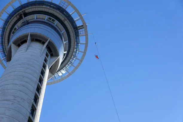 New Zealand tourist attraction. Sky Tower bungee jump, Auckland, New Zealand.
