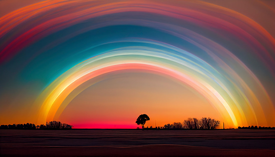 A country landscape with a surreal rainbow at sunset