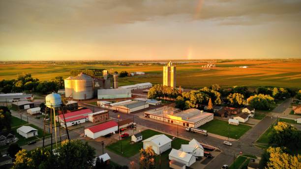 Aerial View of the City of Round Lake Minnesota Downtown with a Rainbow and Round Lake in the background