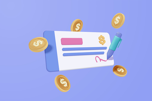 3D bank cheque and money coin with pen, fund transfer, banking payment receipt. Composition with financial annual accounts, calculating and paying invoice bill. 3d icon vector render illustration