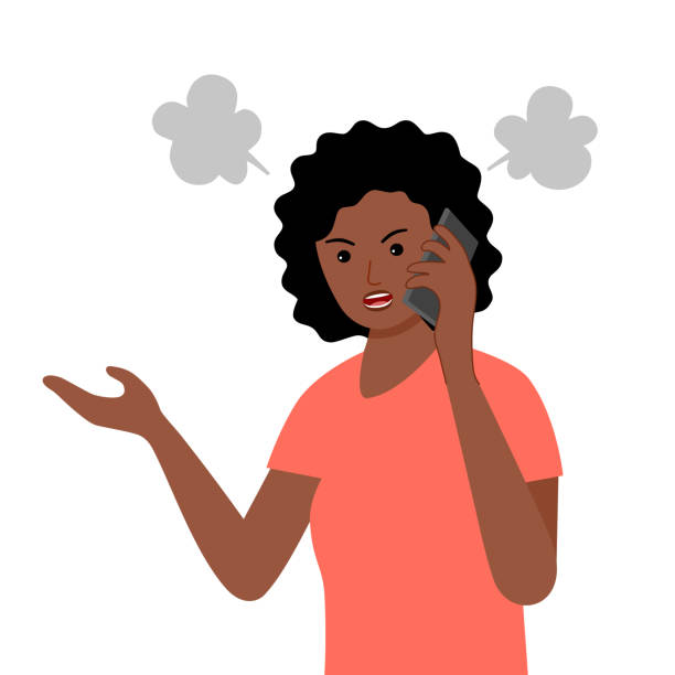 Angry customer woman on phone in flat design. Black female upset speaking on smartphone. Angry customer woman on phone in flat design. Black female upset speaking on smartphone. disappointment stock illustrations