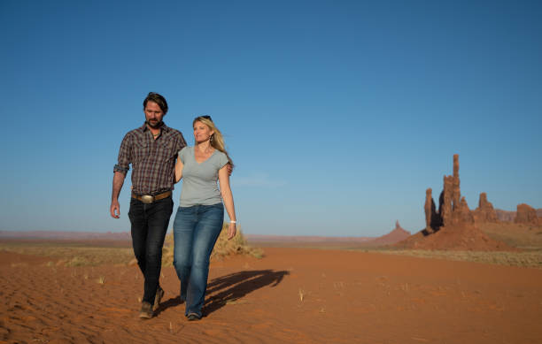 Couple enjoying sunset in Monument Valley park, Utah