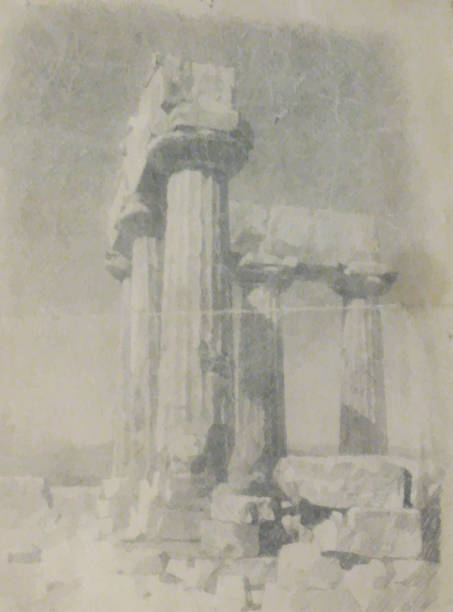 The Temple of Apollo in Corinth. Ruins of an ancient Greek temple. Vector drawing, freehand vintage illustration.