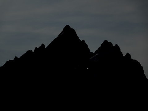 Sharp peaks of the Teton Range in silhouette after sunset.