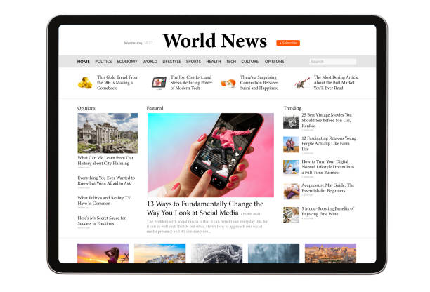 sample news website on tablet computer - website stockfoto's en -beelden