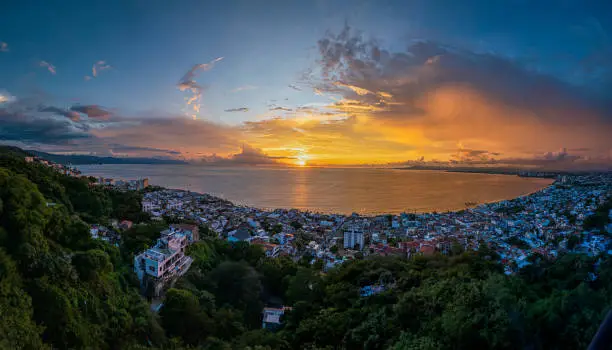Panoramic view of a sunset in Puerto Vallarta Jal. Mexico, viewpoint of Puerto Vallarta towards the sea
