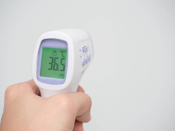 istock Hand holding infrared thermometer digital at white background 1418655527