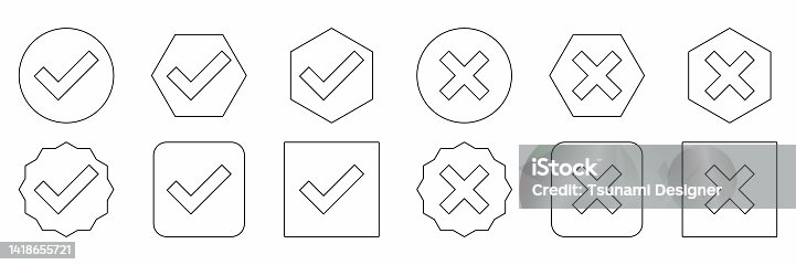 istock Check and wrong marks Icon Set, Tick and cross marks, Accepted,Rejected, Approved,Disapproved, Yes,No, Right,Wrong, Correct,False, Ok,Not Ok - vector mark symbols. Black outline design. 1418655721