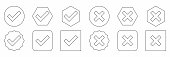 istock Check and wrong marks Icon Set, Tick and cross marks, Accepted,Rejected, Approved,Disapproved, Yes,No, Right,Wrong, Correct,False, Ok,Not Ok - vector mark symbols. Black outline design. 1418655721