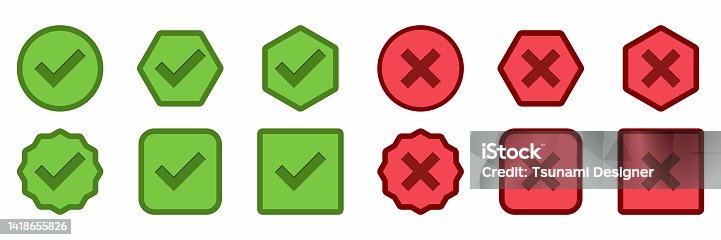 istock Check and wrong marks Icon Set, Tick and cross marks, Accepted,Rejected, Approved,Disapproved, Yes,No, Right,Wrong, Green,Red, Correct,False, Ok,Not Ok - vector mark symbols in green and red. 1418655826