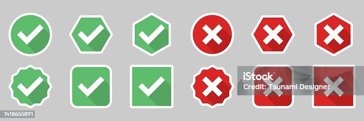 istock Check and wrong marks Icon Set, Tick and cross marks, Accepted,Rejected, Approved,Disapproved, Yes,No, Right,Wrong, Green,Red, Correct,False, Ok,Not Ok - vector mark symbols. White stroke design. 1418655891