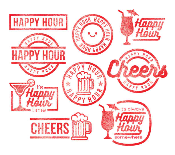 ilustraciones, imágenes clip art, dibujos animados e iconos de stock de sellos de goma del menú happy hour - hora feliz