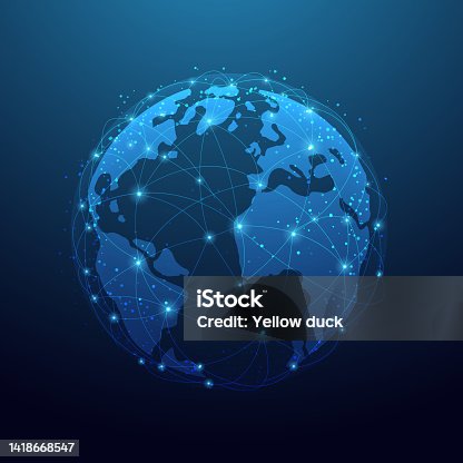 istock Low polyline earth network technology on blue  background.  Global business connection points and lines. vector illustration in flat style modern design. 1418668547
