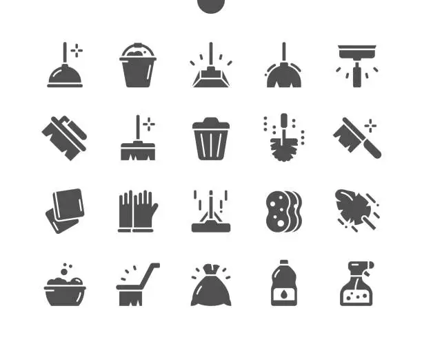 Vector illustration of Cleaning tools. Carpet brush, bucket, spray, dustpan, sponge and other. Bowl of water. Vector Solid Icons. Simple Pictogram