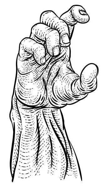Vector illustration of Hand Reaching Engraved Retro Woodcut Vintage Style