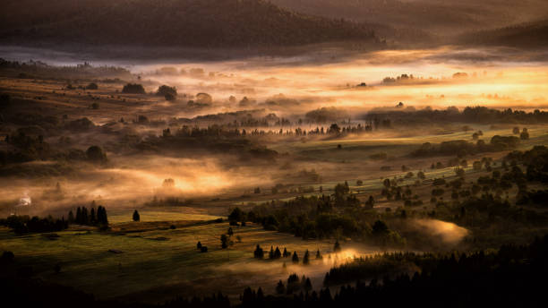 Sunrise in the San River valley on the border between Poland and Ukraine. Bieszczady Mountains, Carpathians. Sunrise in the San River valley on the border between Poland and Ukraine. Bieszczady Mountains, Carpathians. bieszczady mountains stock pictures, royalty-free photos & images
